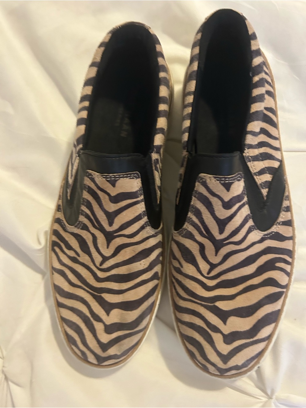 Cole Haan Tan and Black Zebra Slip-On Platform Sneakers